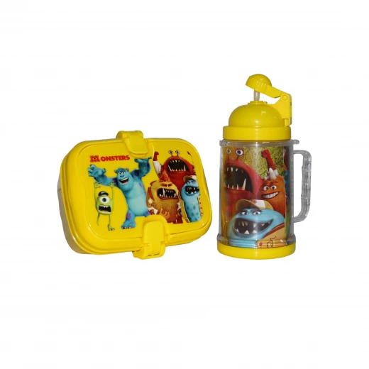 Set Of Lunch Box And Water Bottle, Yellow Color, Disney Monster Design Set Of Lunch Box And Water Bottle, Yellow Color, Disney Monster Design