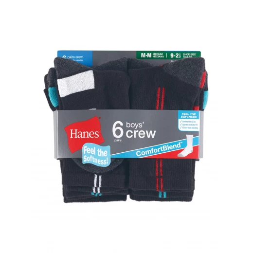 Hanes Boys Socks, 6 Pack Crew Socks Sizes L , black Hanes Boys Socks, 6 Pack Crew Socks Sizes L , black