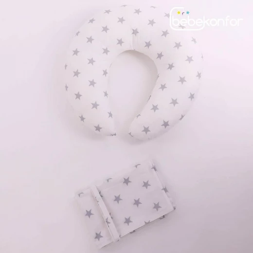 كوت بيبي مع غطاء ومخدة لون ابيض ونجم رمادي - Image 3