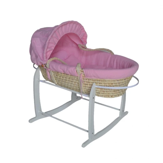 Baby Rattan Rocking Bed With Stand, Pink Baby Rattan Rocking Bed With Stand, Pink