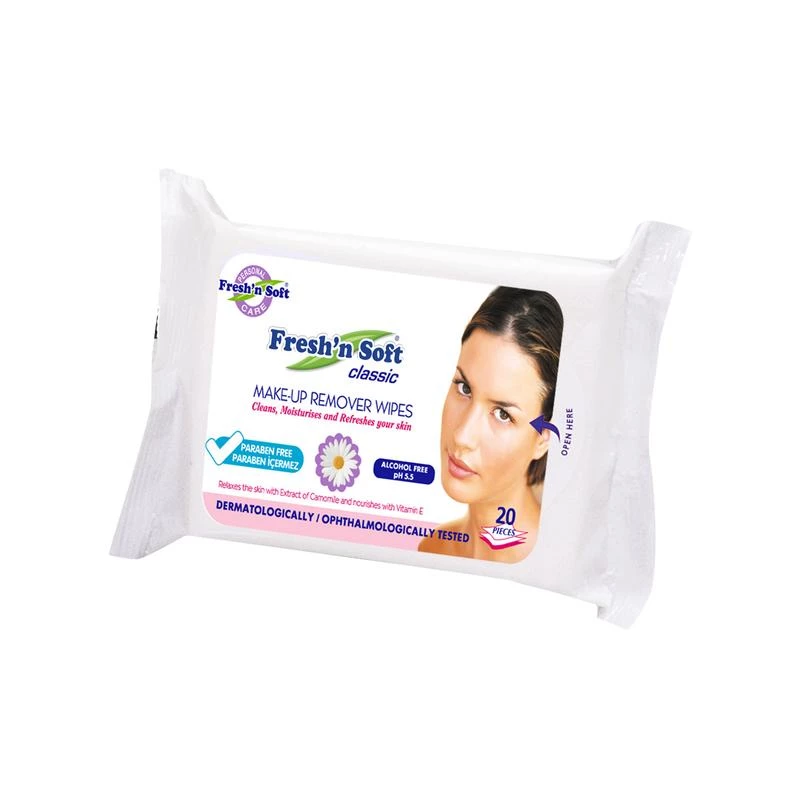 مناديل تنظيف مزيل مكياج فريش ان سوفت لطيفة لجميع أنواع البشرة 20 منديل مناديل للوجه - Fresh n soft