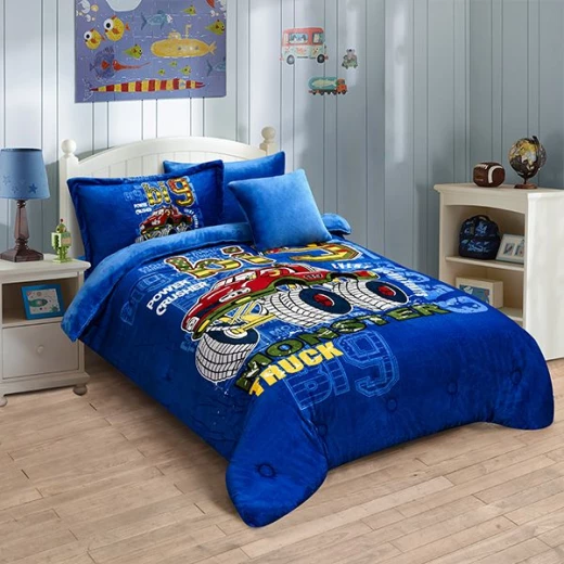 Nova home monster truck printed velvet flannel winter comforter set single/twin blue 5 pcs - Nova Home - Image 2