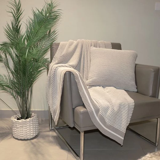 Nova Home Honey Bee Design Blanket, Hand Knitted Throw, Cotton, Stone & White Color Nova Home Honey Bee Design Blanket, Hand Knitted Throw, Cotton, Stone & White Color