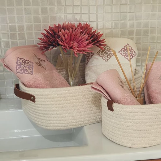Weva story cotton storage basket with leather handle set , 100% cotton ,3 pcs , ivory - Weva - Image 6