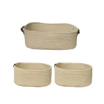 Weva story cotton storage basket with leather handle set , 100% cotton ,3 pcs , ivory - Weva