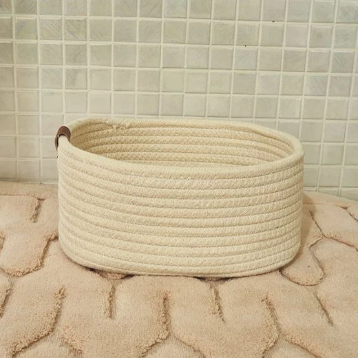 Weva story cotton storage basket with leather handle set , 100% cotton ,3 pcs , ivory - Weva - Image 2