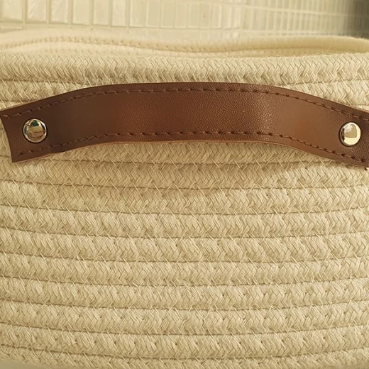Weva story cotton storage basket with leather handle set , 100% cotton ,3 pcs , ivory - Weva - Image 5