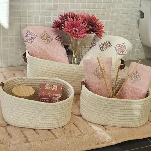Weva story cotton storage basket with leather handle set , 100% cotton ,3 pcs , ivory - Weva - Image 4