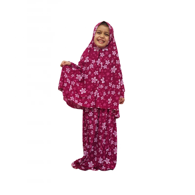ملابس الصلاة للأطفال, بتصميم الورود, باللون الزهري غامق, قطعتين
