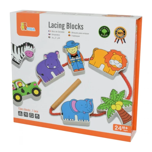 Viga Wooden Educational Toy Lacing Blocks, Zoo Design, 12 Pieces Viga Wooden Educational Toy Lacing Blocks, Zoo Design, 12 Pieces