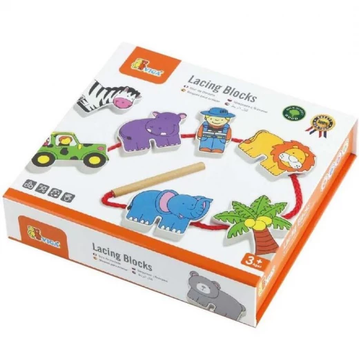 Viga Wooden Educational Toy Lacing Blocks, Zoo Design, 12 Pieces - Viga - Image 3