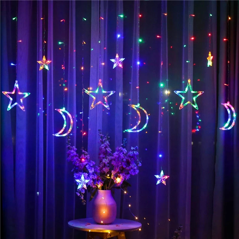 سلك بتصميم النجوم والهلالات المضاءة, بألوان قوس القزح