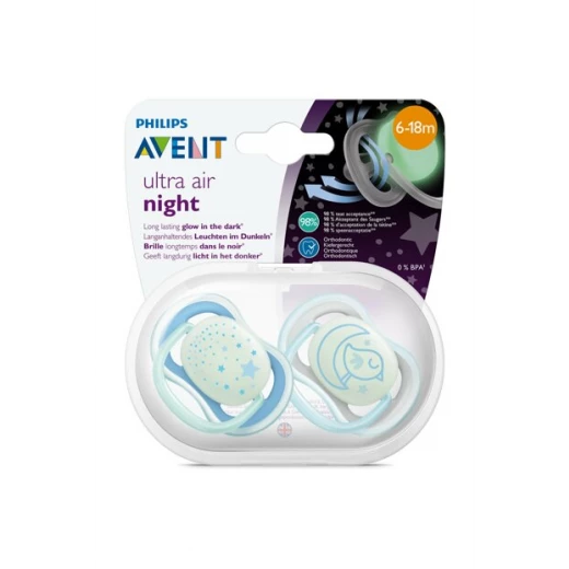 Philips Avent Ultra Air Nighttime Pacifier, 6-18 months, blue, 2 pack Philips Avent Ultra Air Nighttime Pacifier, 6-18 months, blue, 2 pack