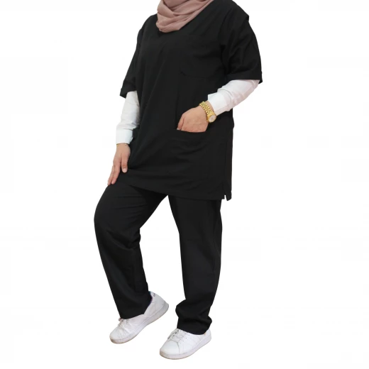 زي طبي وملابس تمريض نسائية, بأكمام قصيرة, باللون الأسود - Image 4