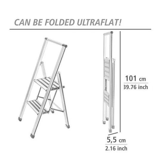 Wenko Aluminum Design Folding Stepladder 2-Step Household Ladder, Aluminum, White - Wenko - Image 2