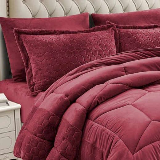 Nova Home Bee Cell Embossed Flannel Winter Comforter Set - King/Super King - Burgandy 6 Pcs - Nova Home - Image 4