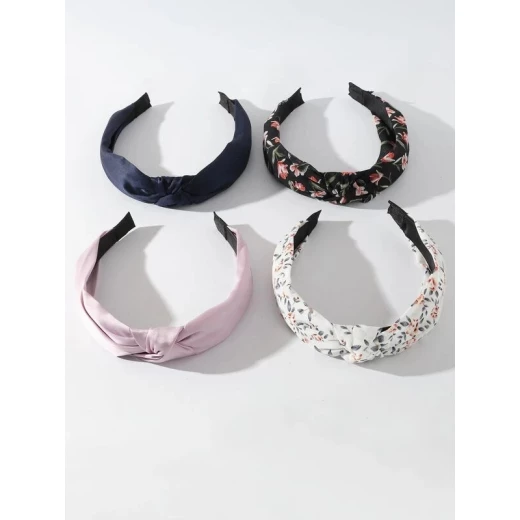 طوق شعر مطوي بعقدة بطباعة زهور, 4 قطع - Image 3