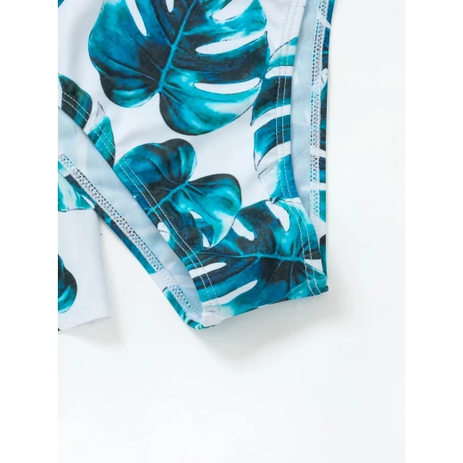 Tropical Print Ruffle Hem Halter Bikini Swimsuit, Blue Color, 2 Pieces - Image 4