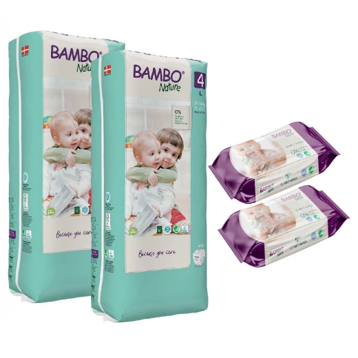 Bambo Nature Diapers Size 4 (7-14 Kg), 48 Diapers, 2 Packs + Wet Wipes, 80 Wipe, 2 Packs Bambo Nature Diapers Size 4 (7-14 Kg), 48 Diapers, 2 Packs + Wet Wipes, 80 Wipe, 2 Packs