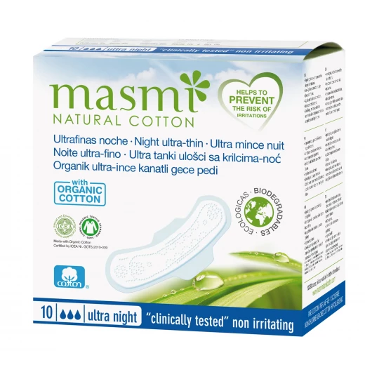 Masmi Ultrathin Night Pads With Wings, Organic Cotton, 10 Pieces Masmi Ultrathin Night Pads With Wings, Organic Cotton, 10 Pieces