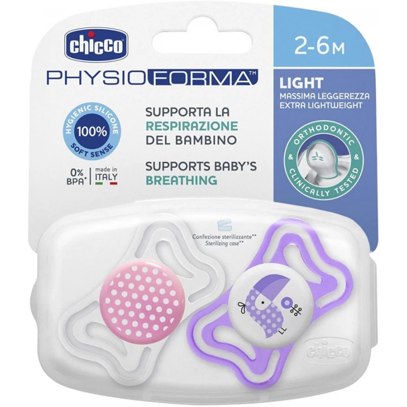 Chicco Soother Physio Light Girl Pacifier, 2-6 Months, 2 Pieces - Chicco