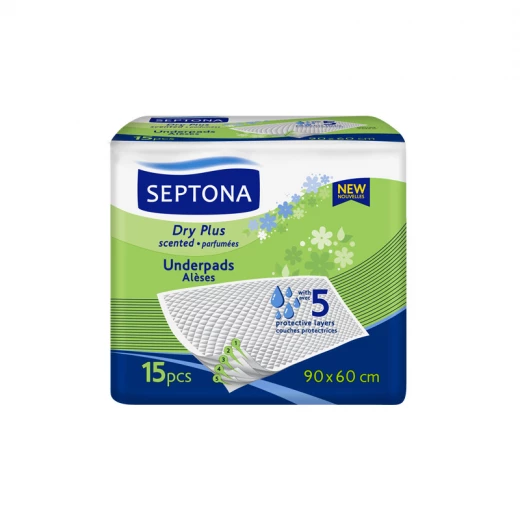 فوط صحية ومعطرة دراي بلس 90x60 سم، 15 قطعة امتصاص فائق، 5 طبقات واقية، تحييد الروائح مع تقنية SAP من سبتونا فوط صحية ومعطرة دراي بلس 90x60 سم، 15 قطعة امتصاص فائق، 5 طبقات واقية، تحييد الروائح مع تقنية SAP من سبتونا
