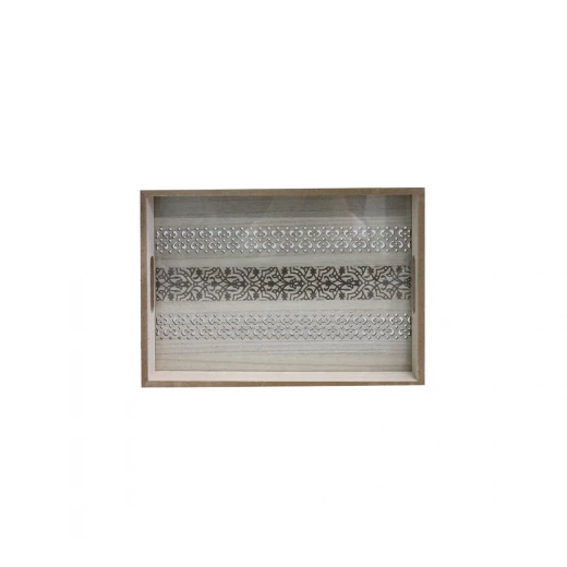 صينية تقديم خشبية بسطح زجاجي، 35 × 25 × 4.5 سم صينية تقديم خشبية بسطح زجاجي، 35 × 25 × 4.5 سم