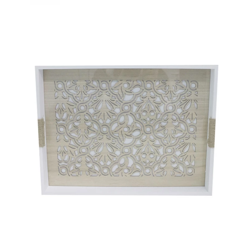صينية تقديم خشبية بسطح زجاجي، باللون الأبيض والبيج، 30 × 40 × 4.5 سم