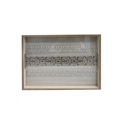 صينية تقديم خشبية بداخلها زجاج، تصميم مستطيل، 30 × 40 × 5 سم صينية تقديم خشبية بداخلها زجاج، تصميم مستطيل، 30 × 40 × 5 سم