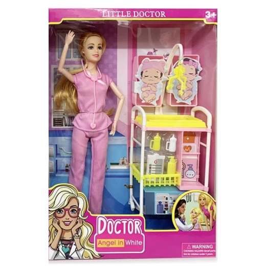 دمية بمهنة دكتورة بشعر أسود مع اكسسواراتها، 25 سم دمية بمهنة دكتورة بشعر أسود مع اكسسواراتها، 25 سم