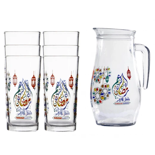 كاسات عصير وابريق بتصميم رمضان كريم, 6 كاسات, 1 ابريق كاسات عصير وابريق بتصميم رمضان كريم, 6 كاسات, 1 ابريق