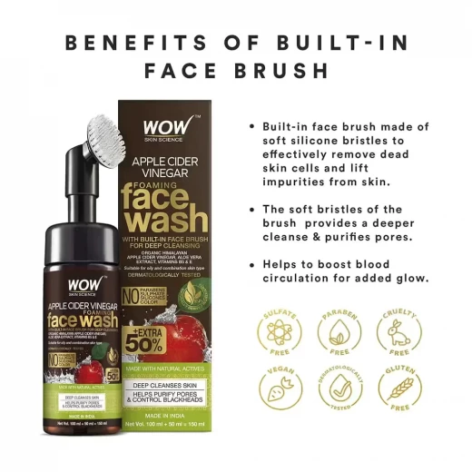 Wow Skin Science Apple Cider Vinegar Foaming Face Wash With Brush, 150ml - Wow Skin Science - Image 3
