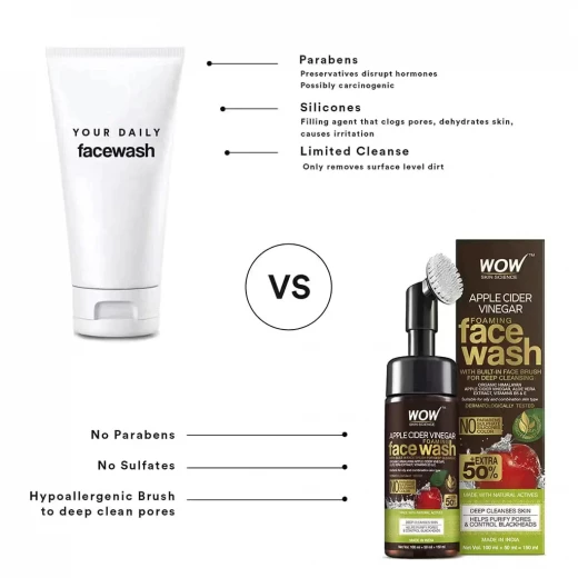 Wow Skin Science Apple Cider Vinegar Foaming Face Wash With Brush, 150ml - Wow Skin Science - Image 5
