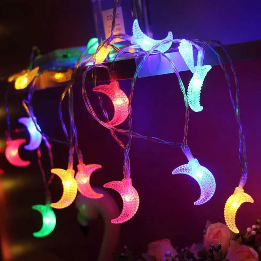 حبل إضاءة زينة رمضان ، بتصميم هلال ، بالوان منوعة, 3متر حبل إضاءة زينة رمضان ، بتصميم هلال ، بالوان منوعة, 3متر