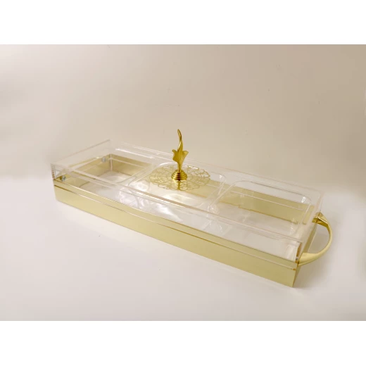 صينية وجبات خفيفة مكونة من 3 أقسام مع غطاء ، ذهبي وشفاف صينية وجبات خفيفة مكونة من 3 أقسام مع غطاء ، ذهبي وشفاف