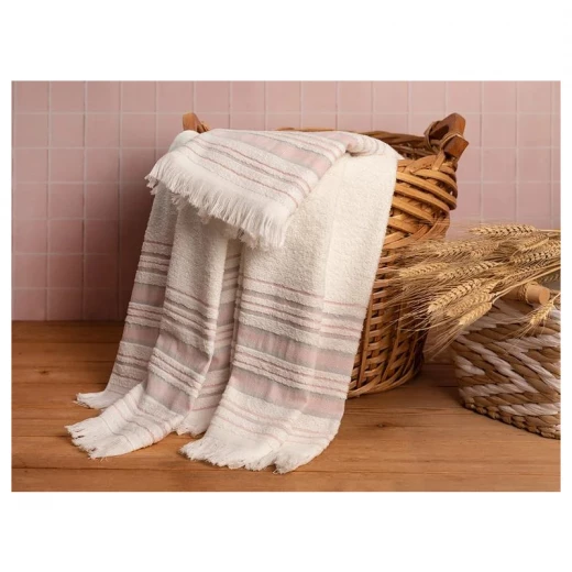 طقم مناشف حمام ريترو مخطط, لون بيج فاتح وزهري, 50*85 + 70 150 سم, قطعتان من انجلش هوم - انجلش هوم - Image 2