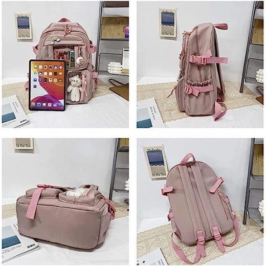 Students Kid Children School Backbag With Pins And Bear Badge, Pink Color - Image 2