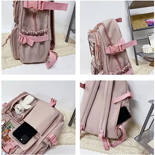 Students Kid Children School Backbag With Pins And Bear Badge, Pink Color - Image 3