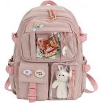 Students Kid Children School Backbag With Pins And Bear Badge, Pink Color