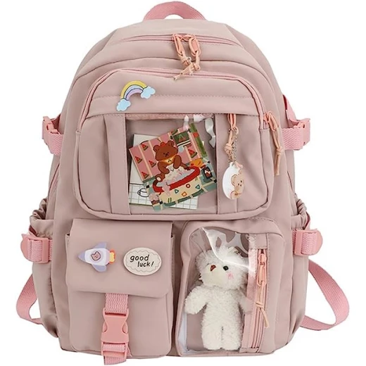 Students Kid Children School Backbag With Pins And Bear Badge, Pink Color Students Kid Children School Backbag With Pins And Bear Badge, Pink Color