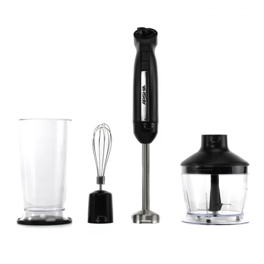 Arshia 3-in-1 Hand Blender – 1000W Power – 5 Speed Settings with Turbo Function – Elegant Black Design – Stainless Steel Blades – Blender, Chopper & Whisk Attachments Arshia 3-in-1 Hand Blender – 1000W Power – 5 Speed Settings with Turbo Function – Elegant Black Design – Stainless Steel Blades – Blender, Chopper & Whisk Attachments