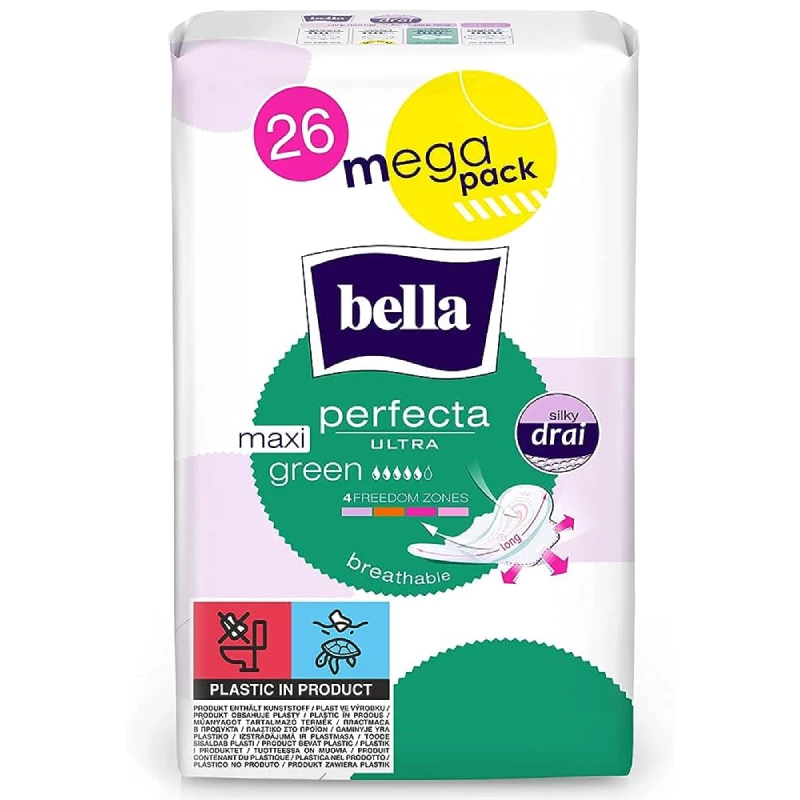 Bella Perfecta Ultra Maxi Green Silky Drai, With Wings, 26 Pieces - Bella