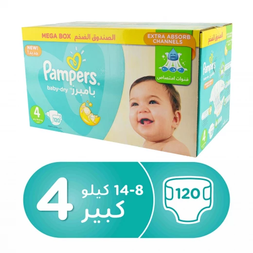 حفاضات بامبرز اكتيف بيبي دراي ، مقاس 4 ، ميجا بوكس - 7-14 كجم ، 120 قطعة + حفاضات مجانية حفاضات بامبرز اكتيف بيبي دراي ، مقاس 4 ، ميجا بوكس - 7-14 كجم ، 120 قطعة + حفاضات مجانية