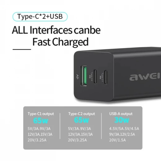 awei PD9 65W ثنائي النوع C / USB-C + USB GaN سريع - اوي - Image 2