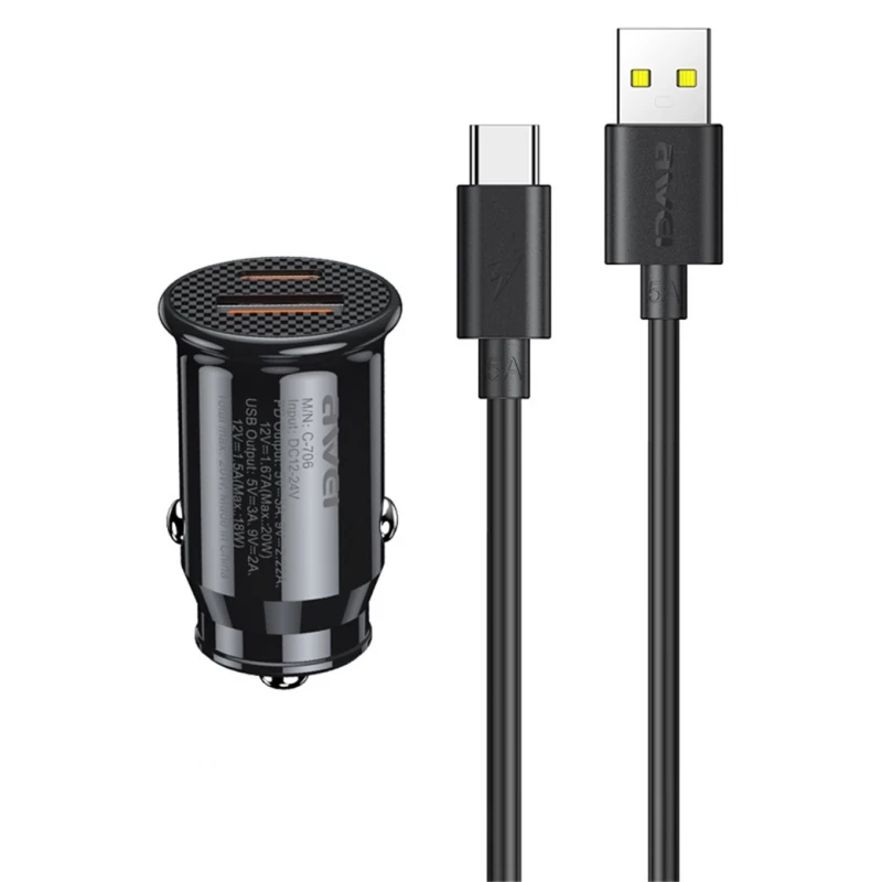شاحن سيارة Awei C-706 20 واط + بيانات USB من النوع C - اوي