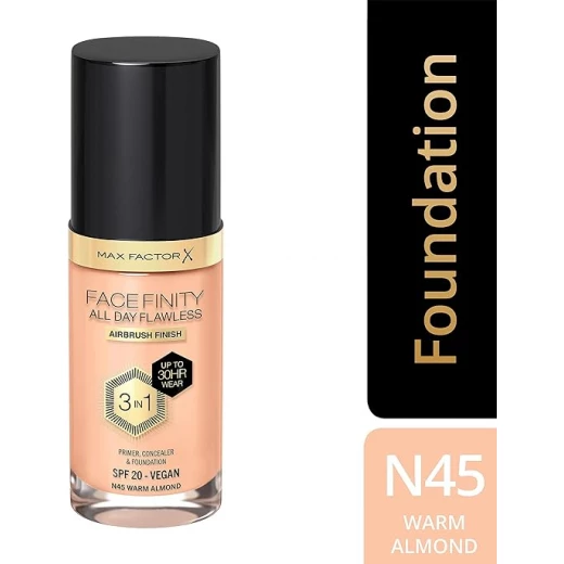 Max Factor Facefinity All Day Flawless Foundation N45 Long Lasting Coverage SPF 20 Professional Makeup for Flawless Complexion Max Factor Facefinity All Day Flawless Foundation N45 Long Lasting Coverage SPF 20 Professional Makeup for Flawless Complexion