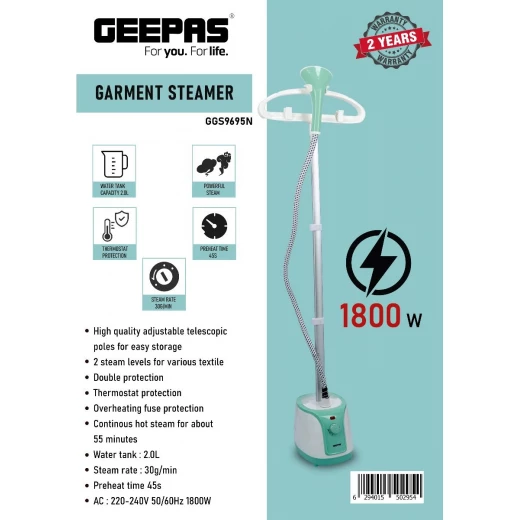 Geepas GGS9695 Garment Steamer 1800W 2l water tank - GEEPAS - Image 2
