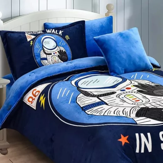 Nova home walk in space printed velvet flannel winter comforter set single/twin navy 5 pcs - Nova Home - Image 2