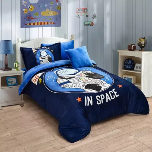 Nova home walk in space printed velvet flannel winter comforter set single/twin navy 5 pcs - Nova Home - Image 4