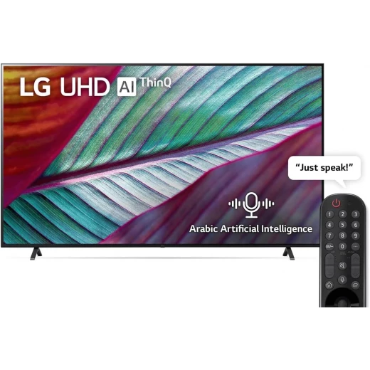 3 شهور مجانية من Apple TV+  تلفزيون فائق الوضوح ال جي (UHD) بدقة  4k مقاس 75 بوصة من السلسلة UR7800 ، مع HDR (النطاق الديناميكي العالي) النشط  4kتصميم شاشة سينمائية وتقنية ThinQ AI للتلفزيون الذكي بنظام التشغيل webOS